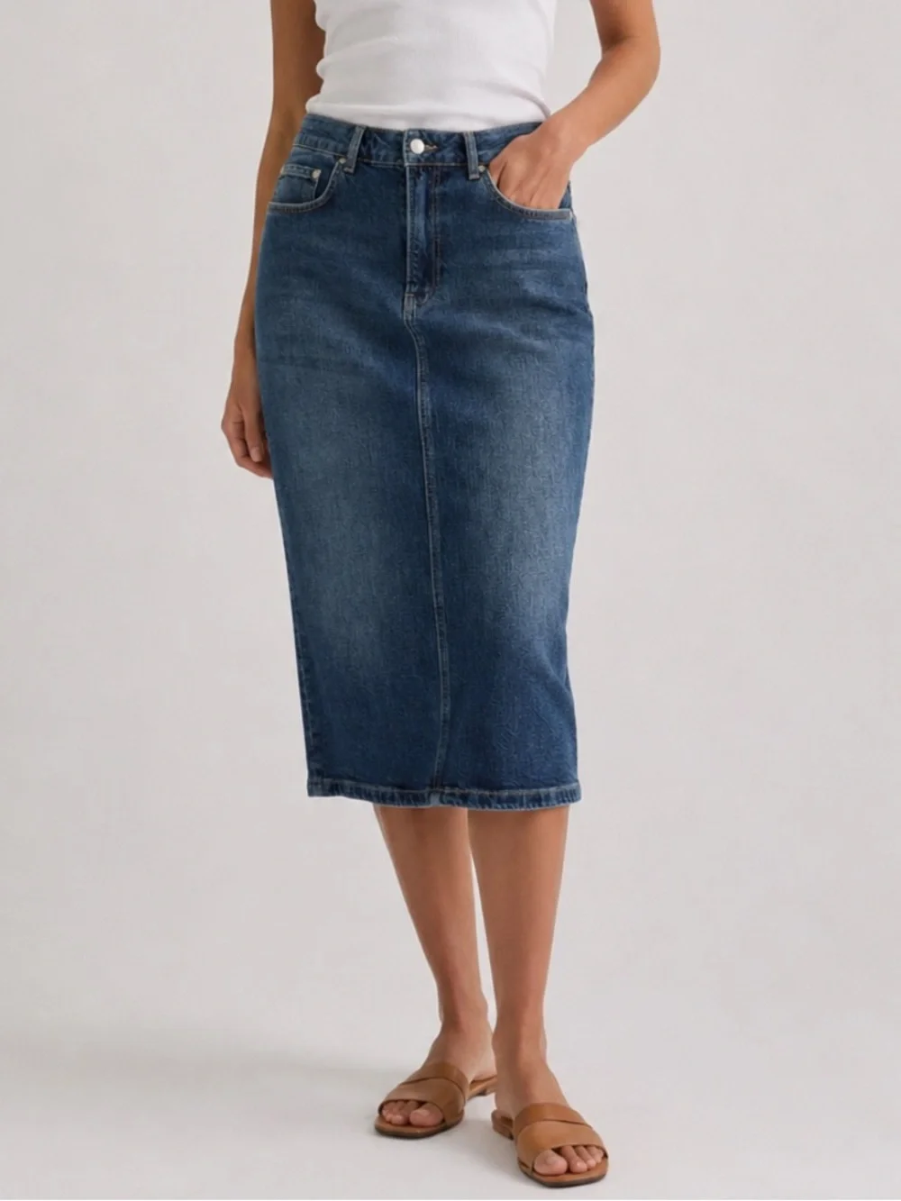 Pilcro Anthropologie Denim Pencil Midi Skirt in Classic Medium Wash